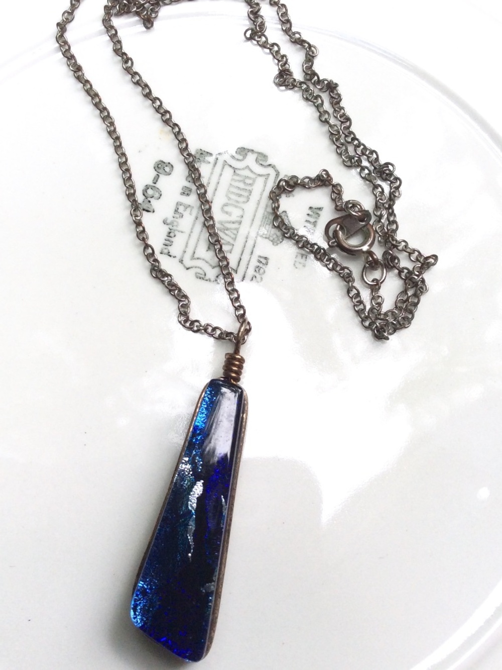 Vintage SU-CH Art Glass Pendant Necklace Blue Iridescent Boho Statement Jewelry